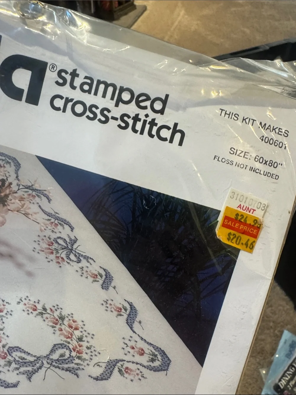 Bucilla White Tablecloth with Blue Ribbon and Pink Tulips cross stitch 60x80